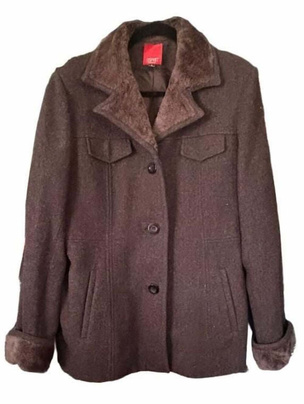 Esprit Outerwear Women's Charcoal Grey Wool Blend Faux Fur Collar Coat Size L